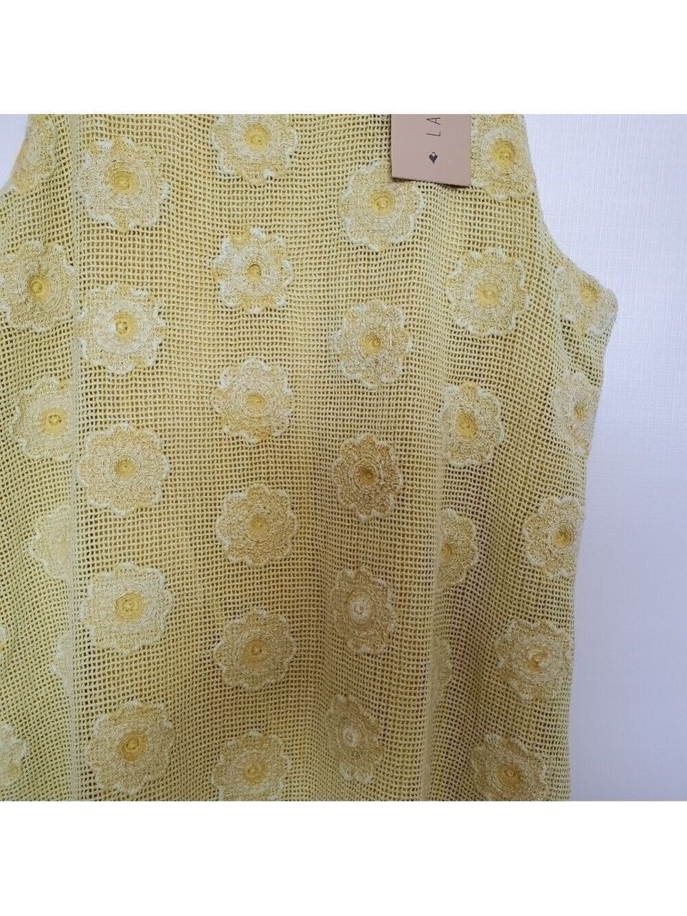 LANGUAGE DRESS SLEEVELESS FRINGE MUSTARD YELLOW EMBROIDERED FLORAL WOMANS ( XL ) - Picture 6 of 15